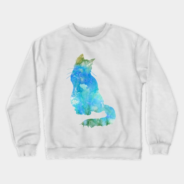 Turquoise Cat Watercolor Painting Crewneck Sweatshirt by Miao Miao Design